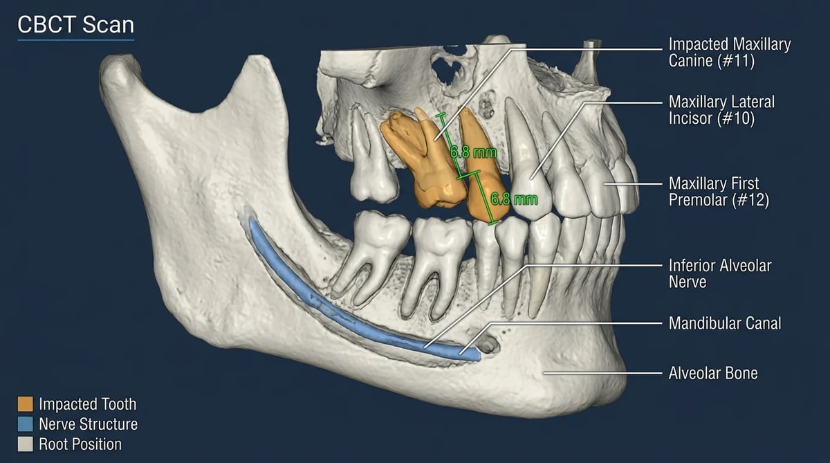 매복 송곳니의 정확한 위치와 주변 구조를 보여주는 3D 치과 CBCT 이미지