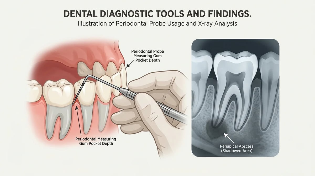 치과 진단 도구(치주 탐침, X-ray)를 사용한 잇몸 고름 검사 과정