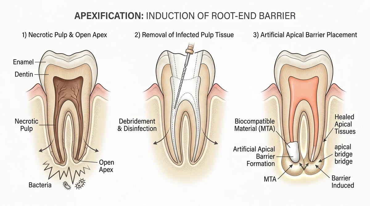치근단 형성술(Apexification)의 단계별 시술 과정 일러스트