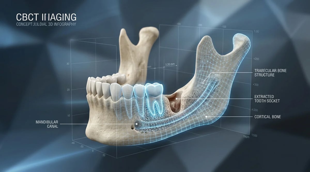 CBCT 촬영을 통한 치조골 정밀 진단 과정을 시각적으로 표현한 이미지