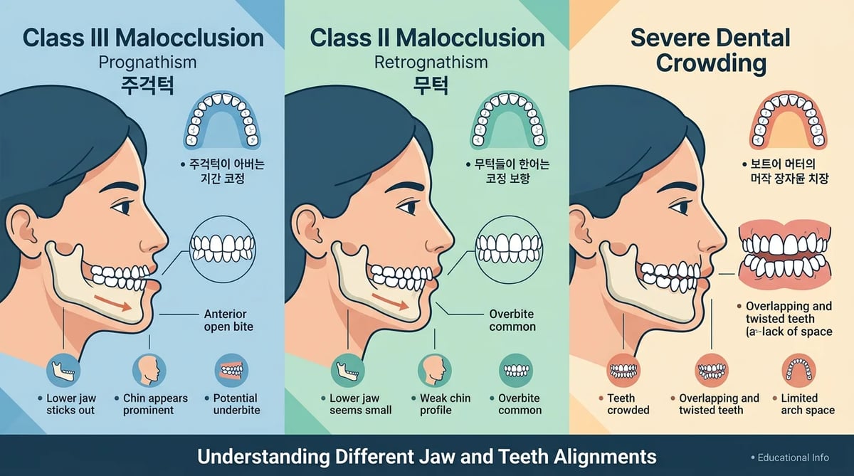 주걱턱, 무턱, 덧니 등 세 가지 주요 부정교합 유형을 보여주는 인포그래픽