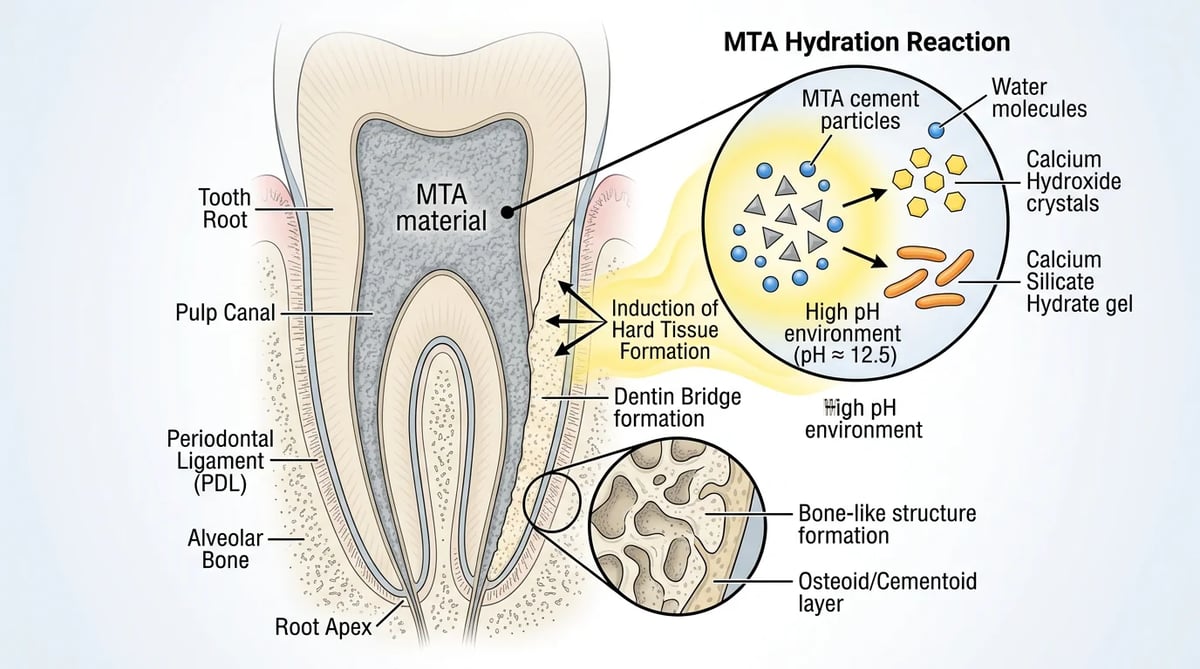 MTA 실러의 수화 반응 및 경조직 형성 유도 과정을 시각화한 치아 단면도