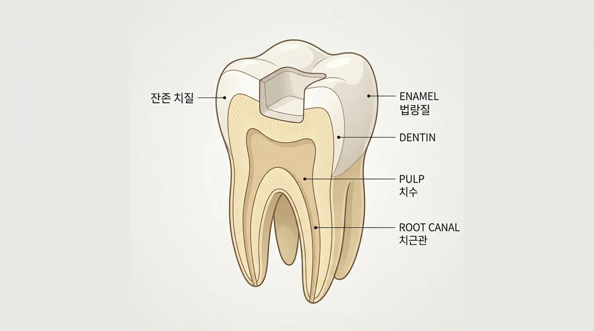 충치 치료 후 남아있는 건강한 치아 조직인 잔존 치질의 단면도
