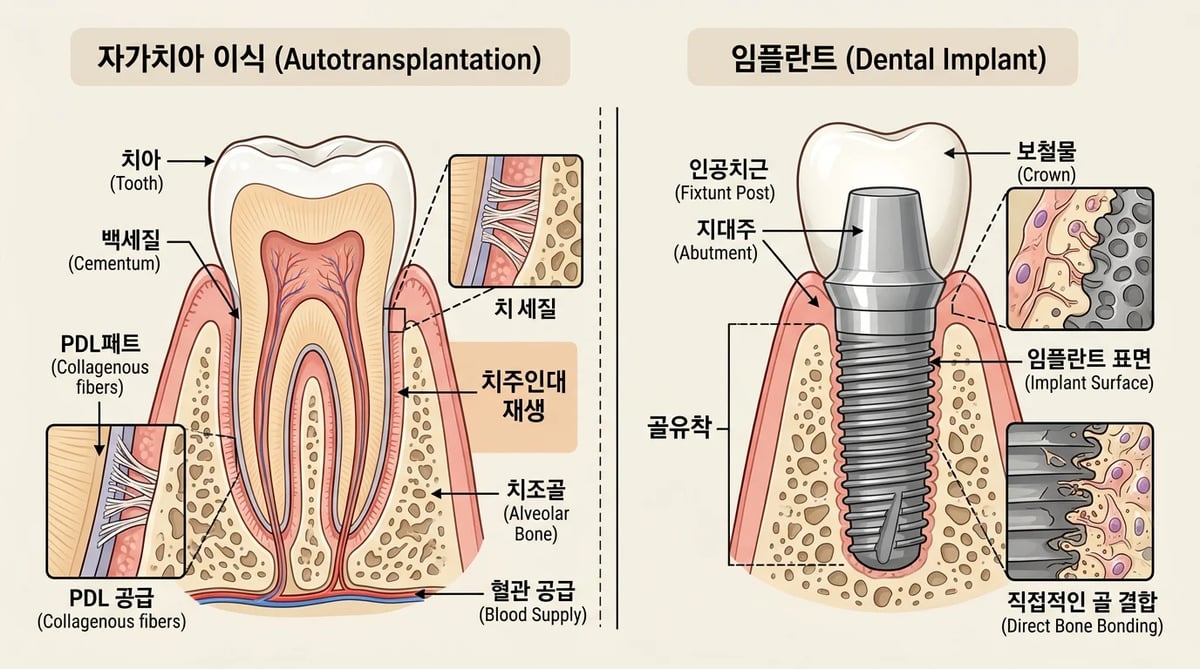 자가치아 이식과 임플란트의 생체 반응 비교