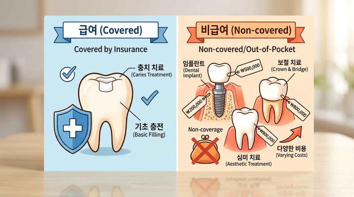 건강보험 급여와 비급여 치과 진료비를 비교하는 개념적 일러스트