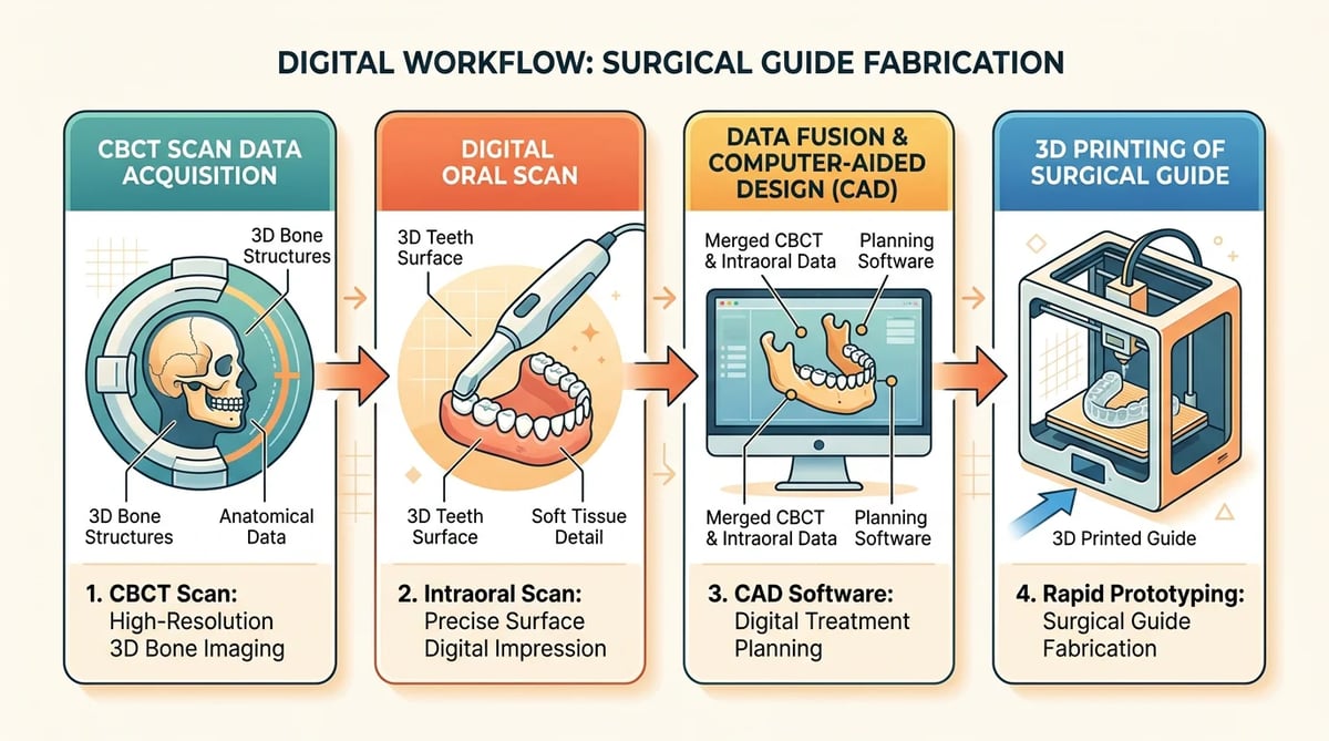 3D CT, 구강 스캔, 3D 모델링, 수술 가이드 제작 과정을 보여주는 인포그래픽