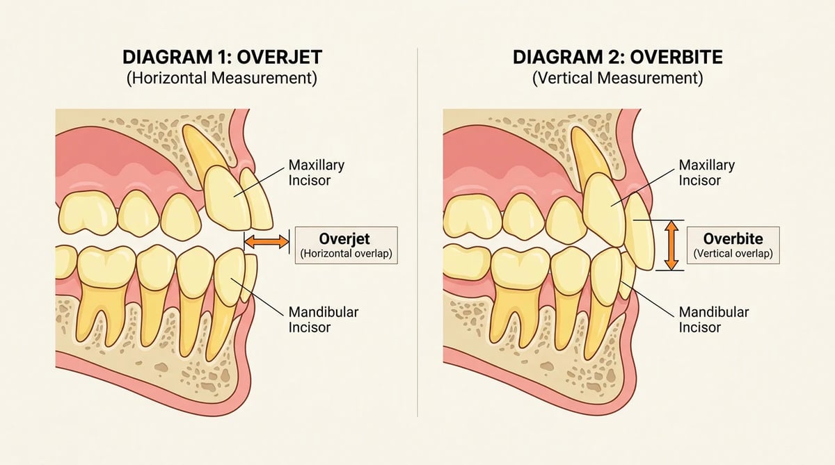 오버젯(수평피개)과 오버바이트(수직피개)의 차이를 나타내는 치아 도식
