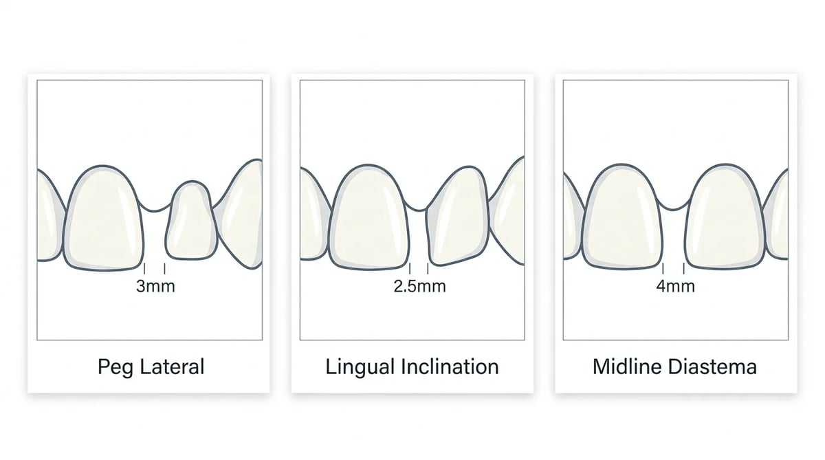 무삭제 라미네이트가 가능한 치아 상태를 보여주는 세 가지 일러스트 (왜소치, 설측 경사, 치간이개)