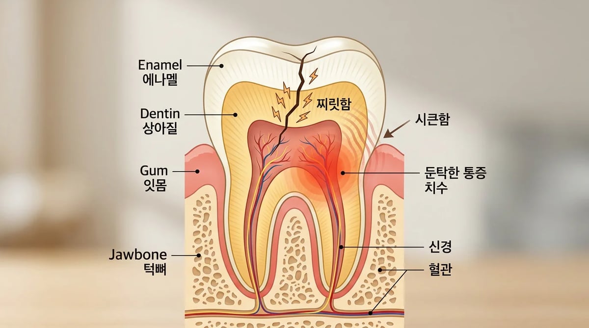 치아 균열 깊이에 따른 통증 증상 시각화 다이어그램
