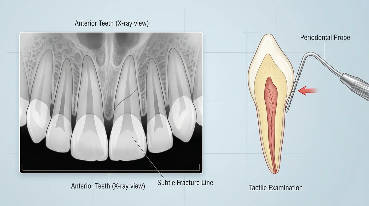 치아 파절 진단을 위한 X-ray 이미지와 치과 검사 도구