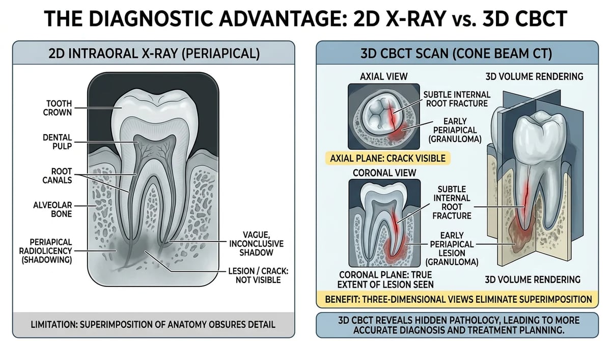 2차원 엑스레이와 3차원 콘빔 CT(CBCT)를 비교하여 2D의 한계를 보여주는 의료 인포그래픽