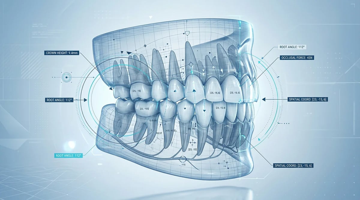 3D CT 스캔과 같은 정밀 진단 기술을 통해 치아 구조를 분석하는 개념적 이미지