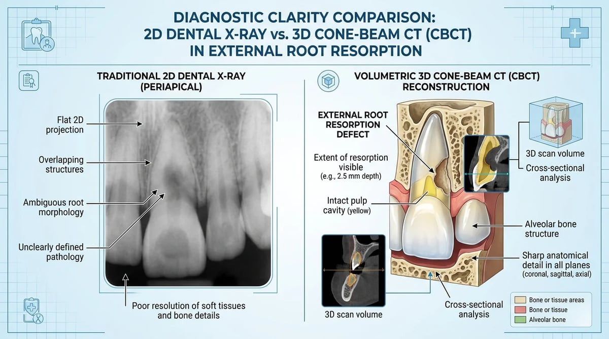 일반 엑스레이와 CBCT 이미지를 비교하여 치아 외흡수 진단의 정밀도를 보여주는 일러스트