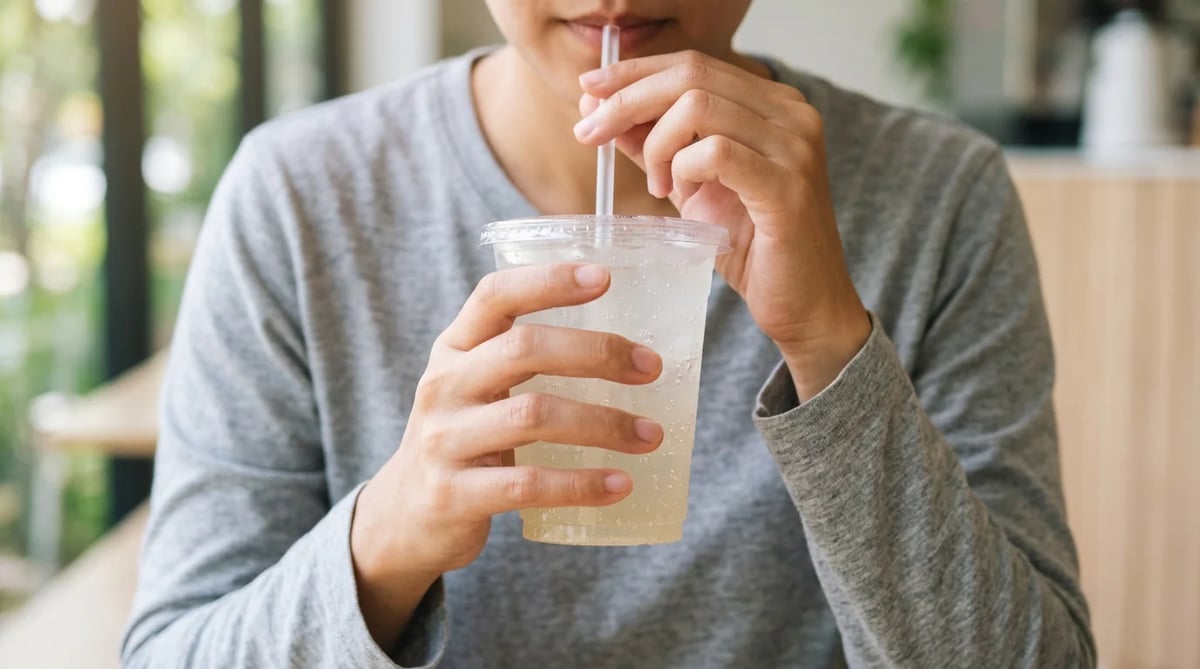제로 음료를 빨대로 마시는 모습, 치아 법랑질 보호 습관 예시