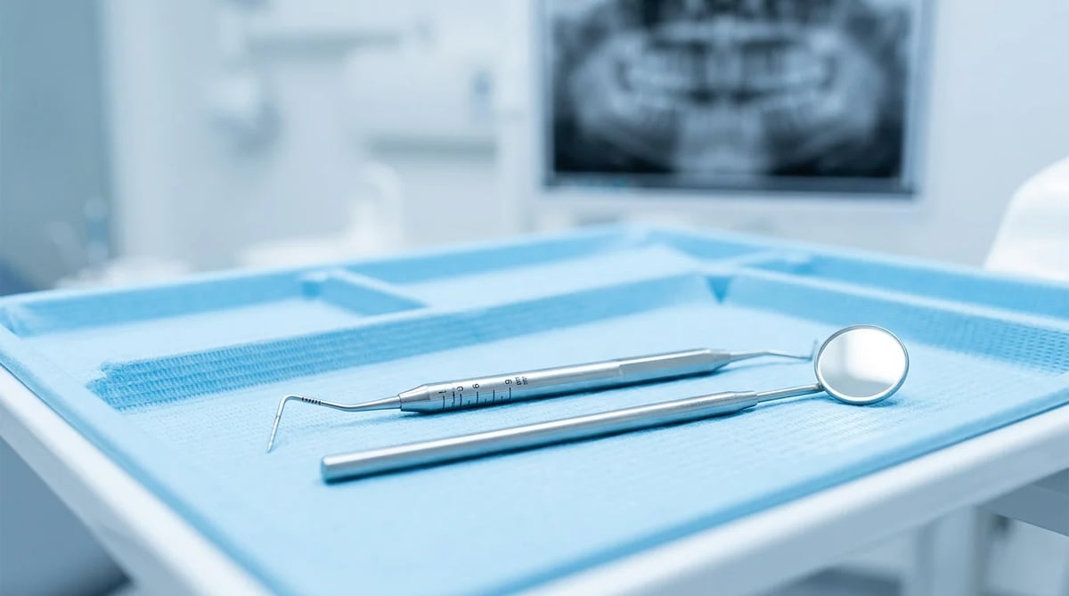 치과 잇몸 검진에 사용되는 치주 탐침과 X-ray 장비 이미지
