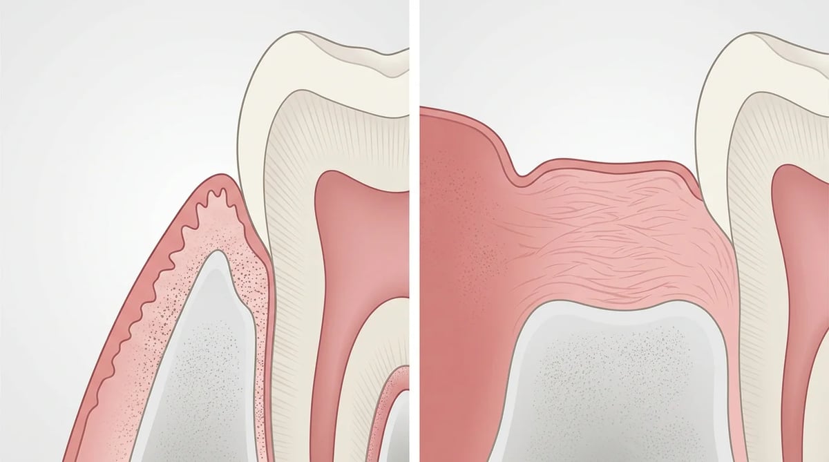 얇은 잇몸 타입(Thin biotype)과 두꺼운 잇몸 타입(Thick biotype)의 치은 생물학적 유형을 비교하는 도식