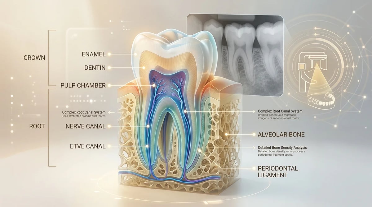 3차원 정밀 분석을 가능하게 하는 치과용 콘빔 CT(CBCT)의 역할을 보여주는 개념적인 이미지
