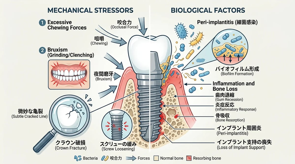 임플란트 문제의 기계적 원인(저작력) 및 생물학적 원인(세균) 분석 인포그래픽