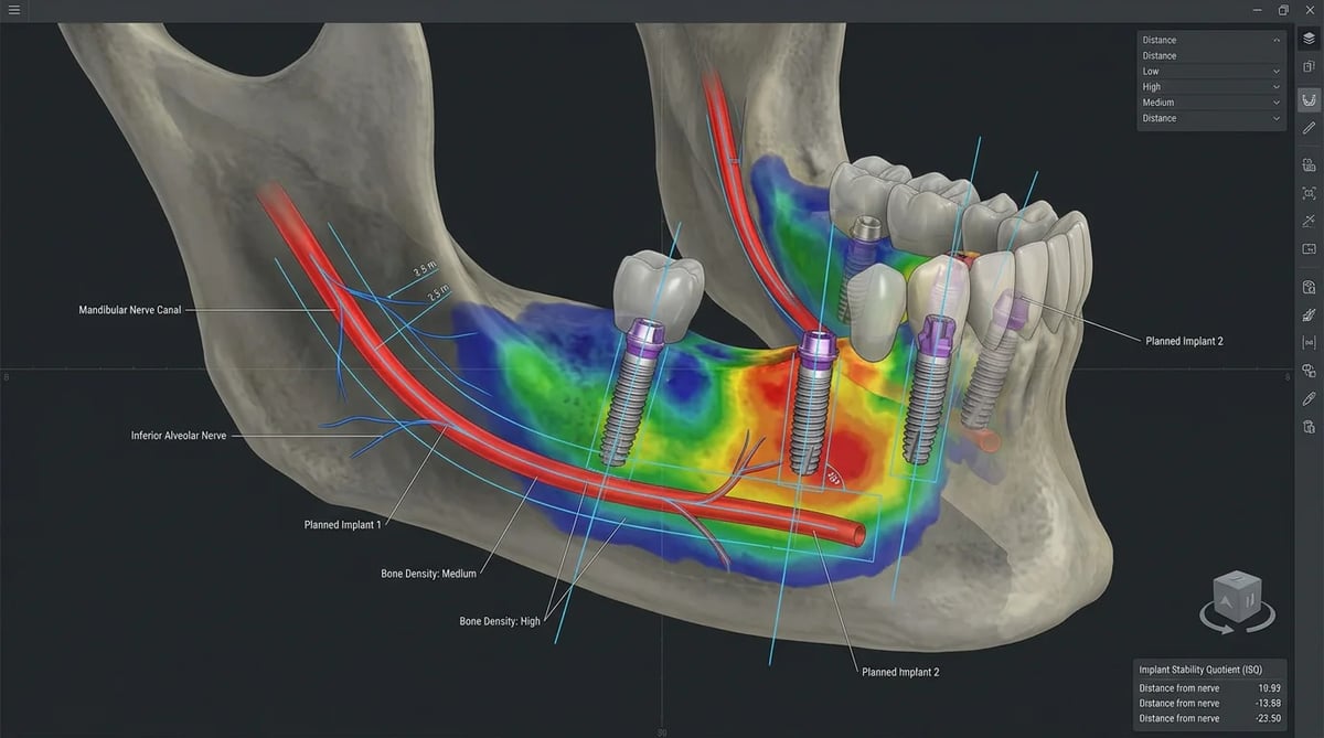 3D CT 데이터를 기반으로 한 임플란트 식립 계획의 정밀한 과정을 보여주는 디지털 이미지