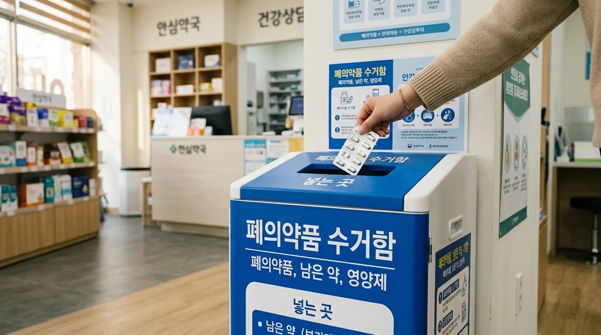 폐의약품 수거함에 올바르게 약을 버리는 모습.