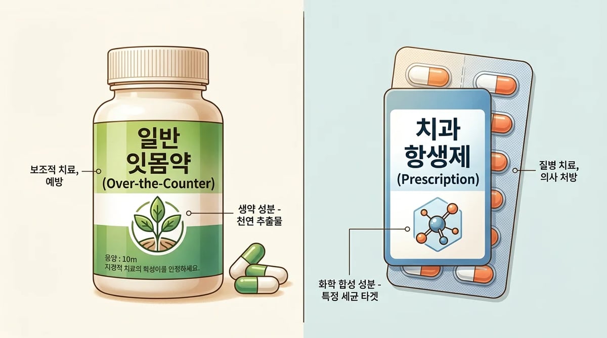 일반 잇몸약과 치과 전문 항생제를 비교하는 이미지