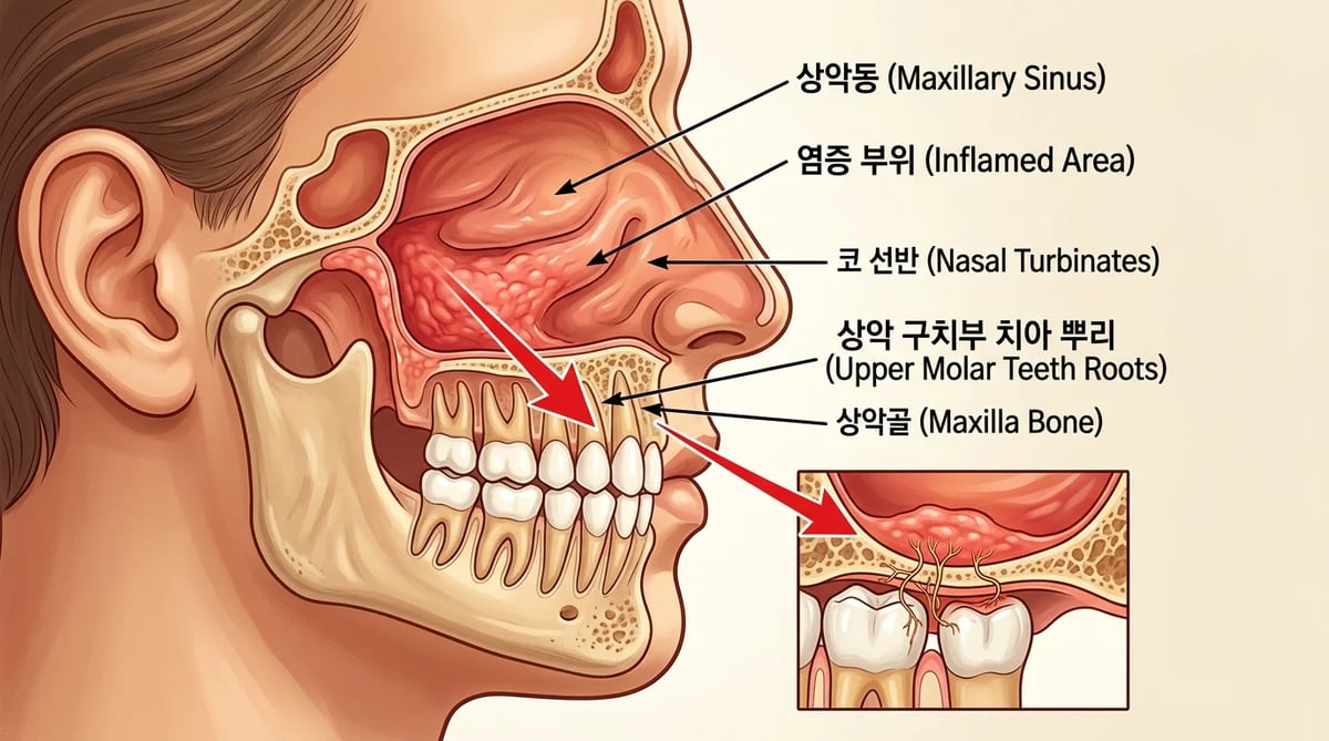 상악동염(축농증)으로 인한 위쪽 어금니 주변 방사통 개념도