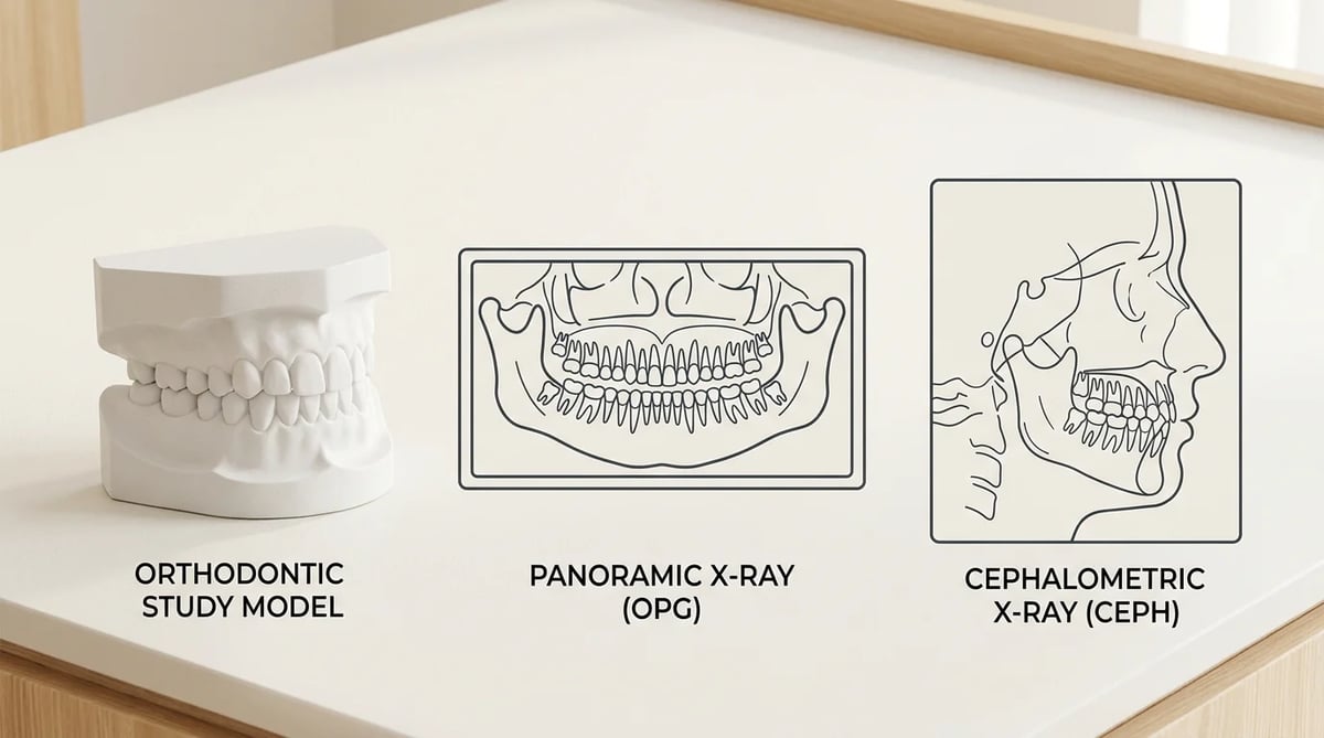 치과 진단 과정을 상징하는 치아 모형, 파노라마 X-ray, 두부 규격 방사선 이미지