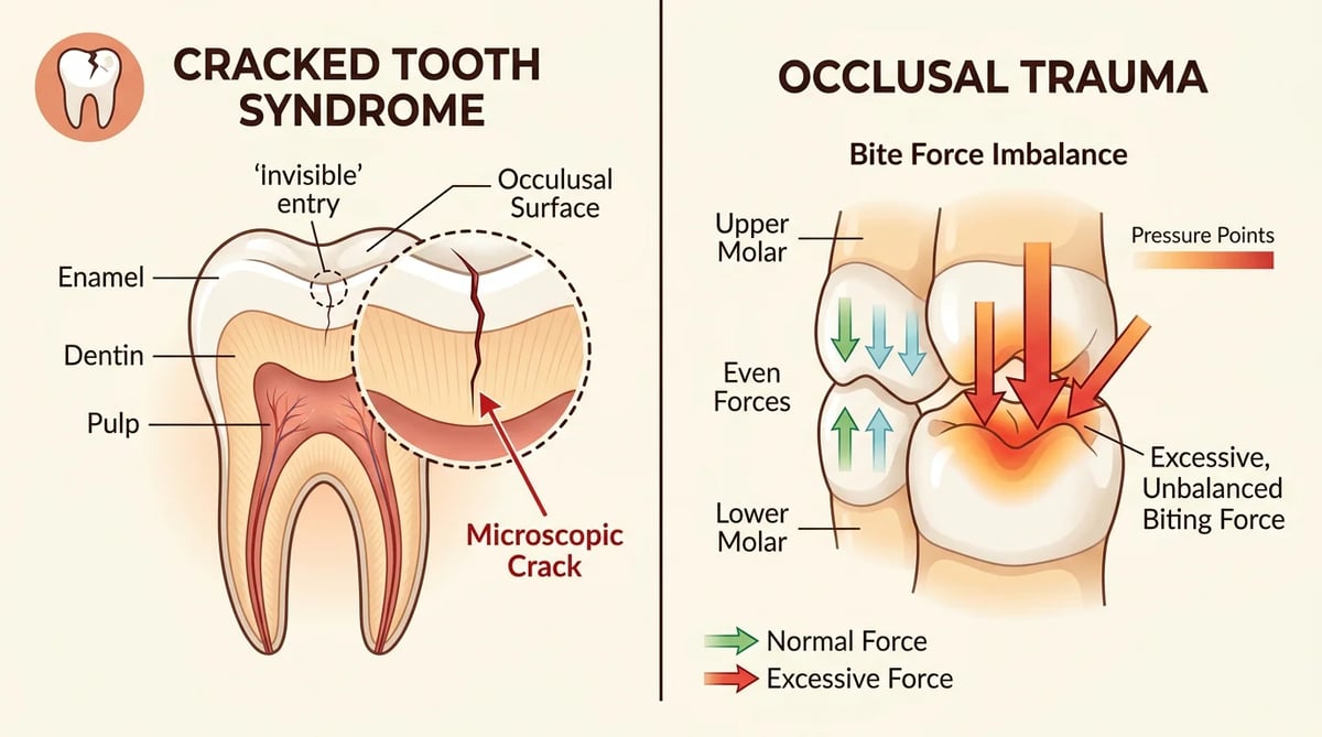치아 균열(Cracked Tooth Syndrome)과 비정상적인 교합력(Occlusal Trauma)을 시각적으로 설명하는 다이어그램