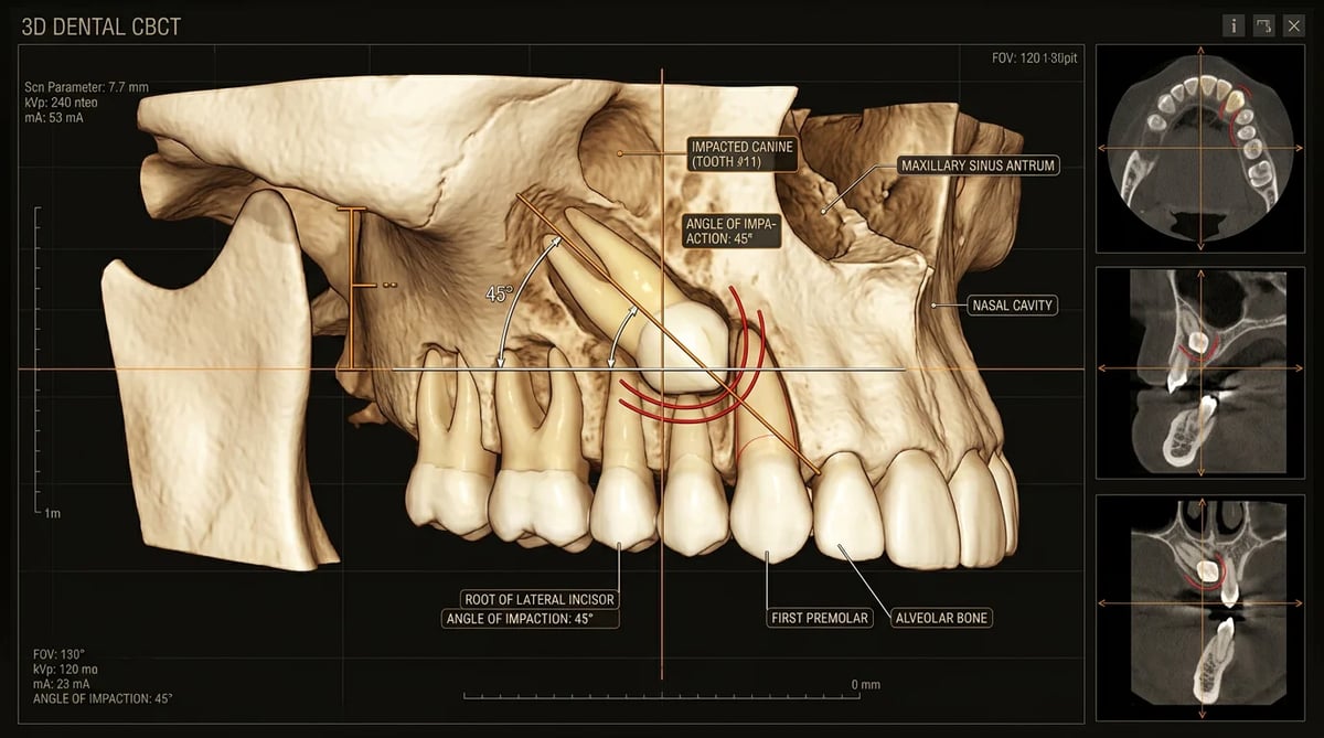 매복 송곳니의 3D CBCT 스캔 이미지 및 정밀 진단 화면