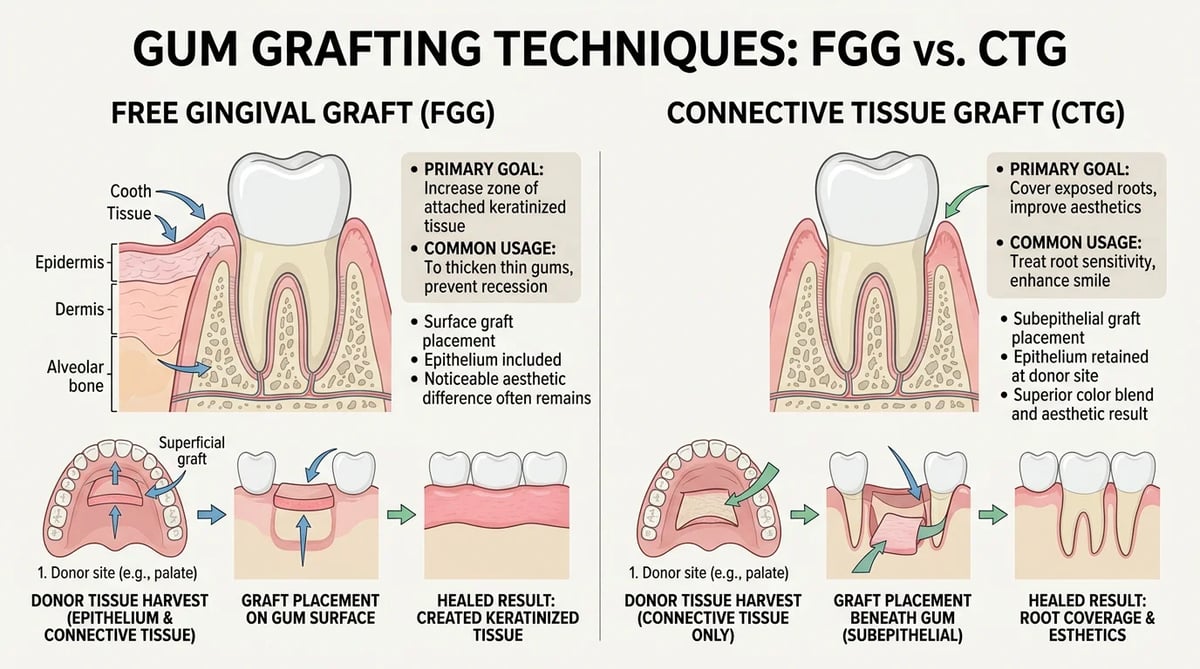 유리치은이식술(FGG)과 상피하결합조직이식술(CTG)의 차이를 보여주는 비교 인포그래픽