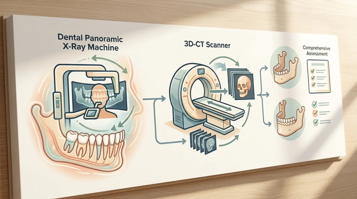 파노라마 X-ray, 3D-CT 등 치과 진단 장비를 나타내는 아이콘 배열