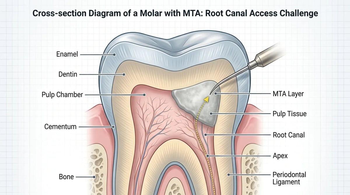 MTA 재료로 치수복조된 치아의 내부 구조와 신경관 접근의 어려움을 묘사한 단면도