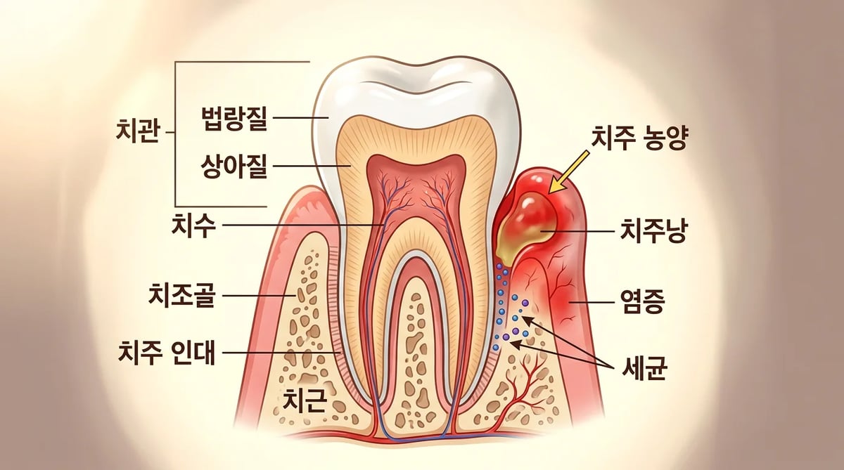 잇몸병(치주염)으로 인해 치아와 잇몸 경계부에 발생하는 치주 농양 그림.