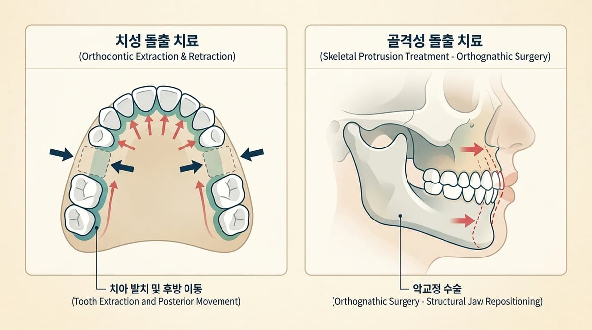 치성 돌출 교정 및 골격성 돌출 악교정 수술의 개념도