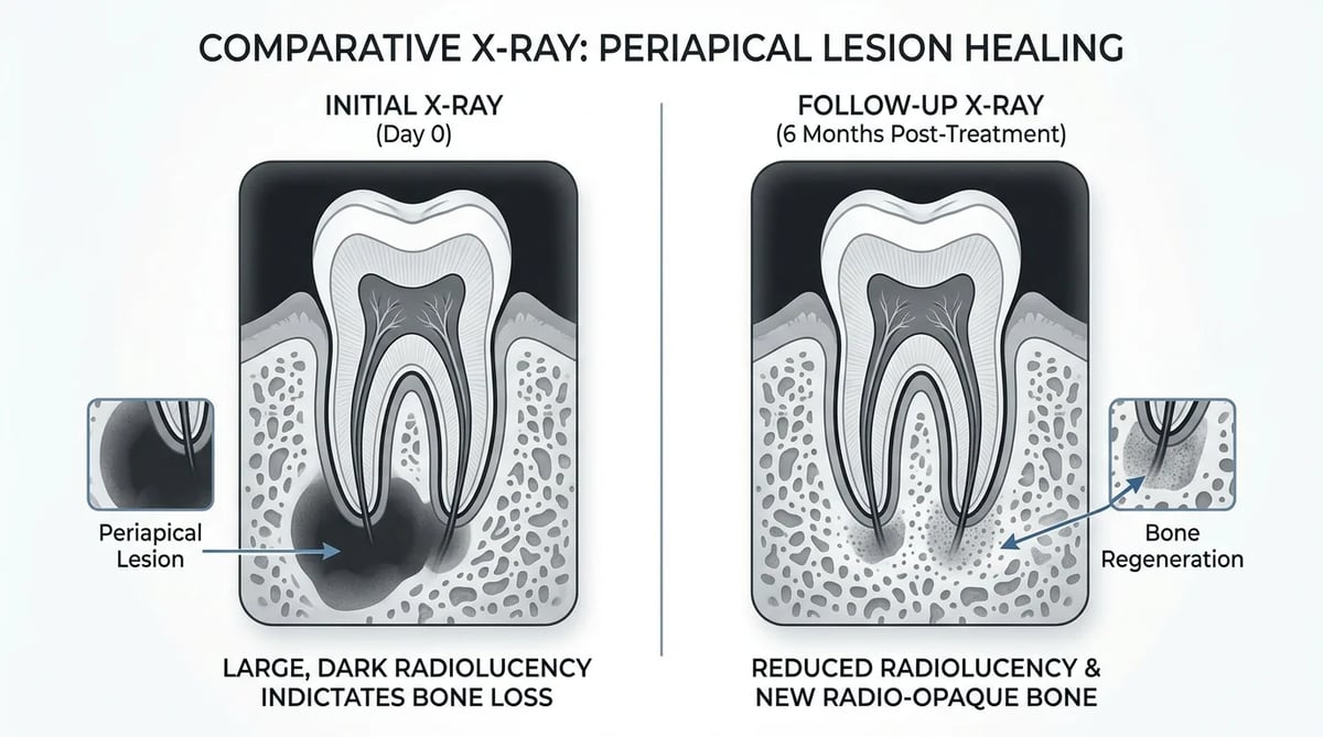 정기적인 방사선 촬영을 통한 잇몸뼈 재생 확인 과정을 보여주는 X-ray 이미지