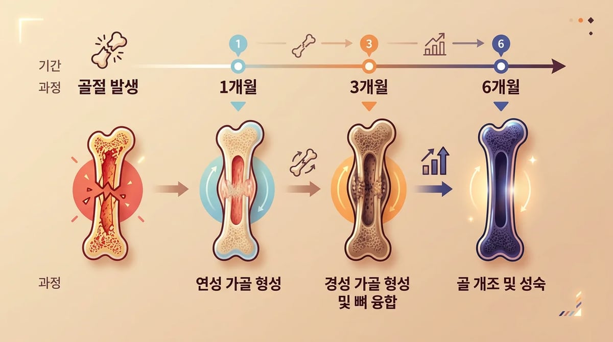 뼈이식 후 1개월, 3개월, 6개월까지의 골유착 및 뼈 성숙 단계별 시간 흐름표