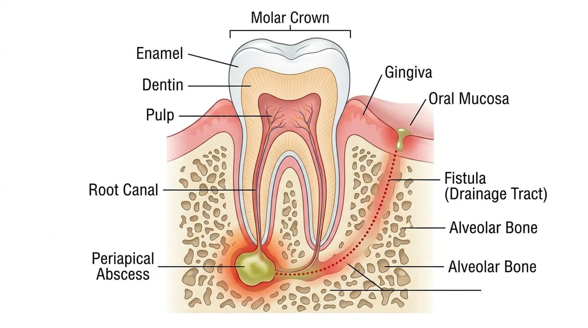 치아 뿌리 끝 염증으로 인해 잇몸 표면으로 형성된 배출 통로인 치루(Fistula)의 해부학적 단면도