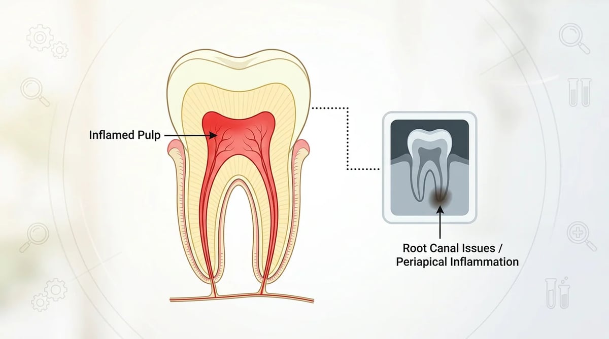신경치료 진단 기준을 보여주는 치아 해부도 및 X-ray 아이콘 이미지