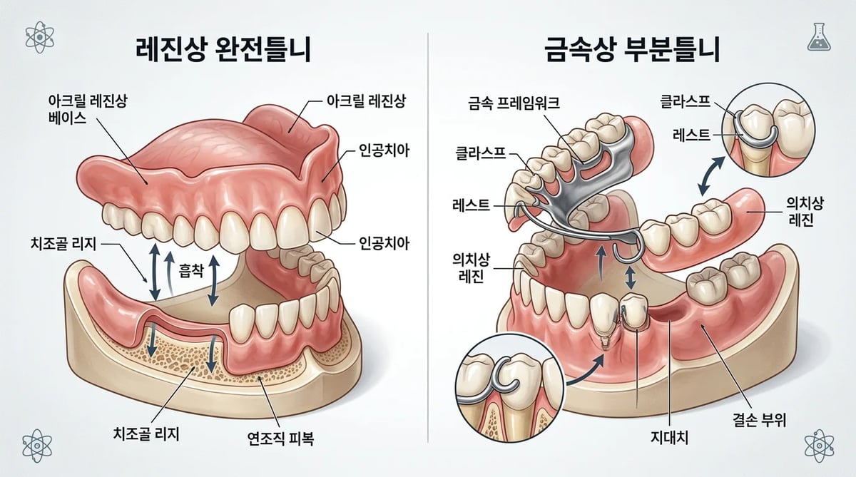 레진상 완전틀니와 금속상 부분틀니의 해부학적 비교 이미지
