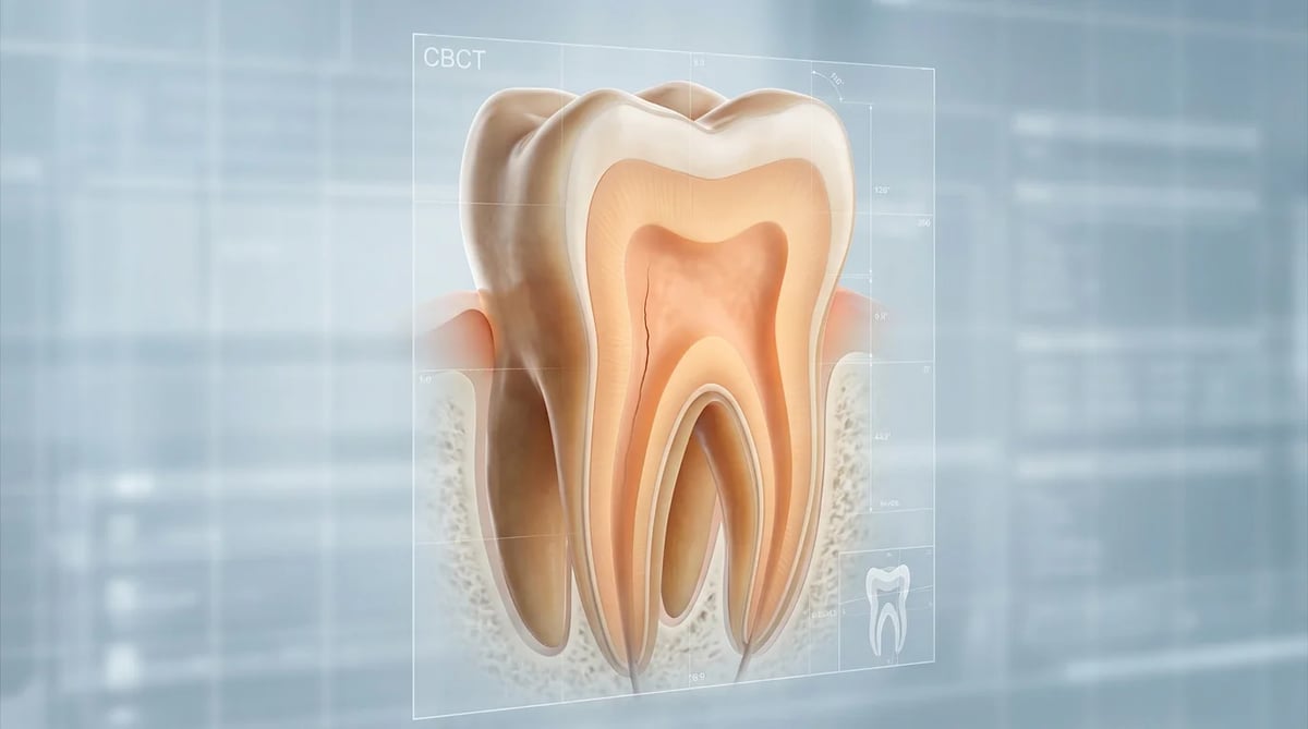치아 내부의 미세 균열을 보여주는 3D 치아 모델과 CBCT 스캔 이미지.
