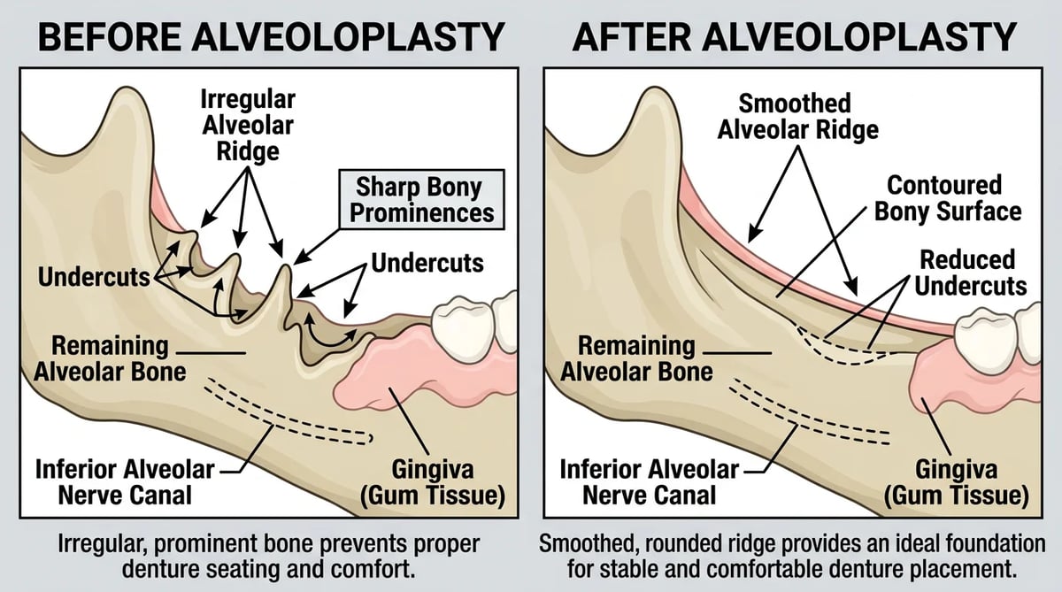 치조제 성형술(Alveoloplasty) 전후의 잇몸 뼈 형태 변화를 보여주는 다이어그램