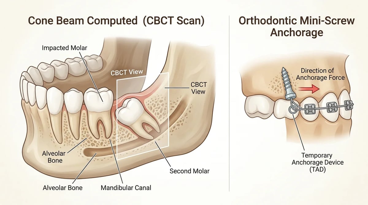 3D CBCT 이미지와 교정용 미니스크류 개념도