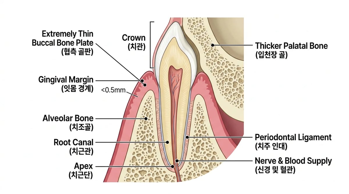 앞니 주변의 얇은 협측 골판과 잇몸 조직을 보여주는 해부학적 단면도