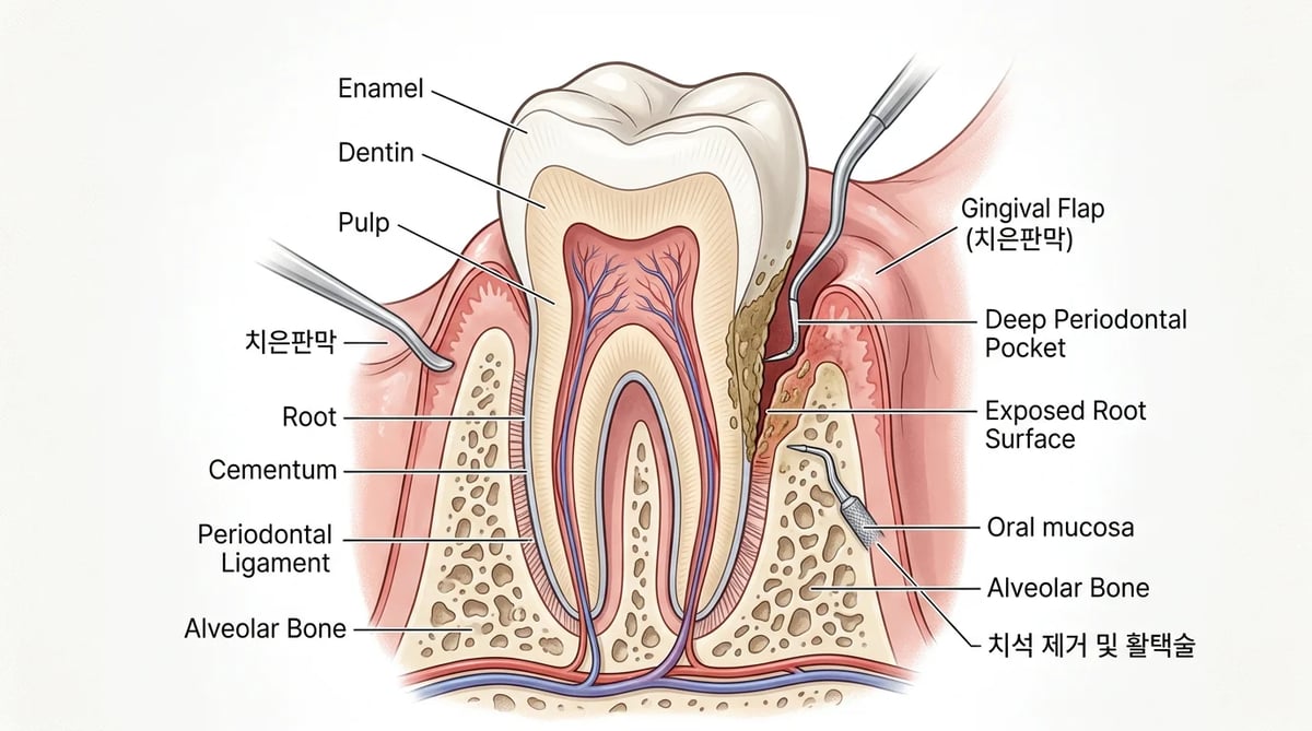 치은판막술 시 잇몸을 들어올려 치아 뿌리와 잇몸뼈를 노출하는 해부학적 그림