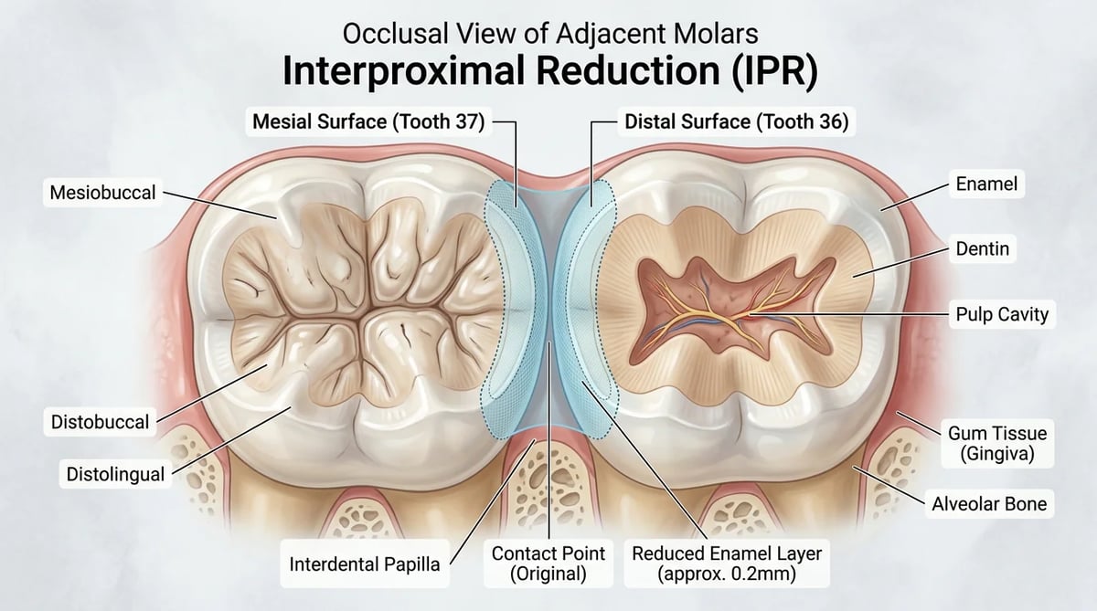 치아 인접면의 법랑질을 미세하게 다듬는 치간삭제(IPR)의 개념을 보여주는 도식도