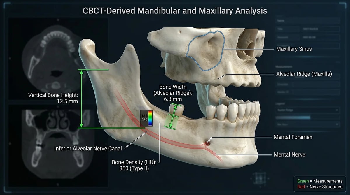 3D CBCT 촬영 데이터를 통해 뼈이식 필요성을 평가하는 치조골의 해부학적 구조와 측정 이미지