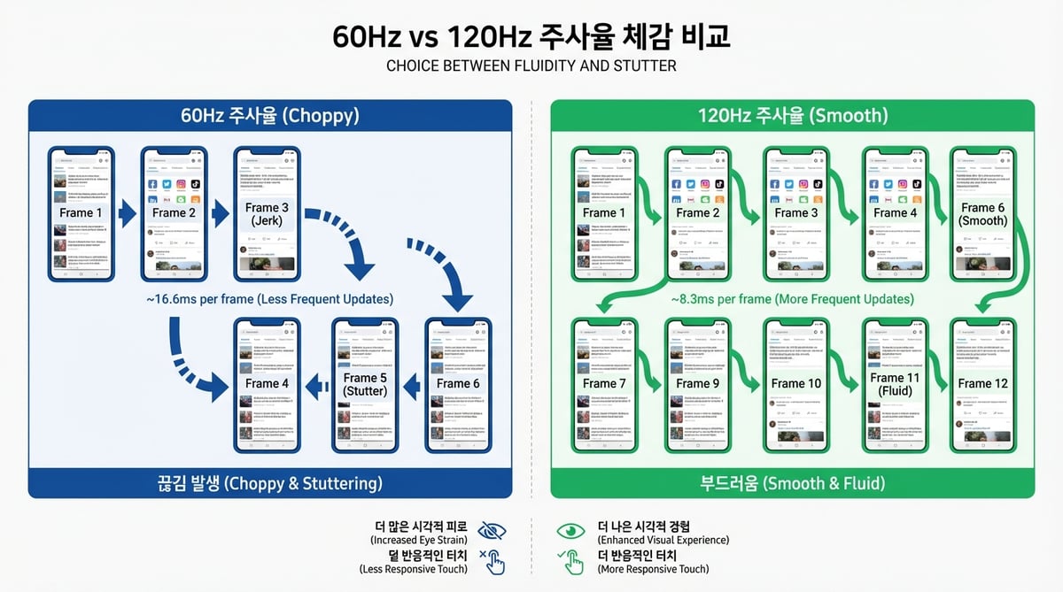 60Hz와 120Hz 주사율 차이를 보여주는 스크롤 비교 인포그래픽, 아이폰 17e의 60Hz 고정과 갤럭시 S25 FE의 120Hz LTPO 비교