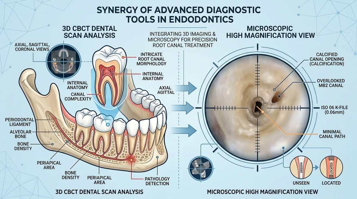 CBCT 3D 이미지와 미세현미경 시야를 결합한 치과 진단 기술 인포그래픽