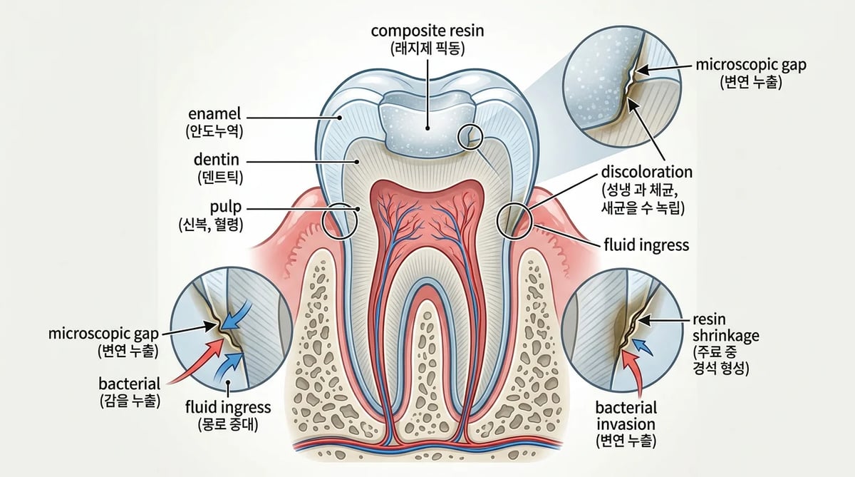 시간이 지나면서 레진과 치아 사이에 미세한 틈이 생기고 변색이 일어나는 과정을 보여주는 치아 단면도