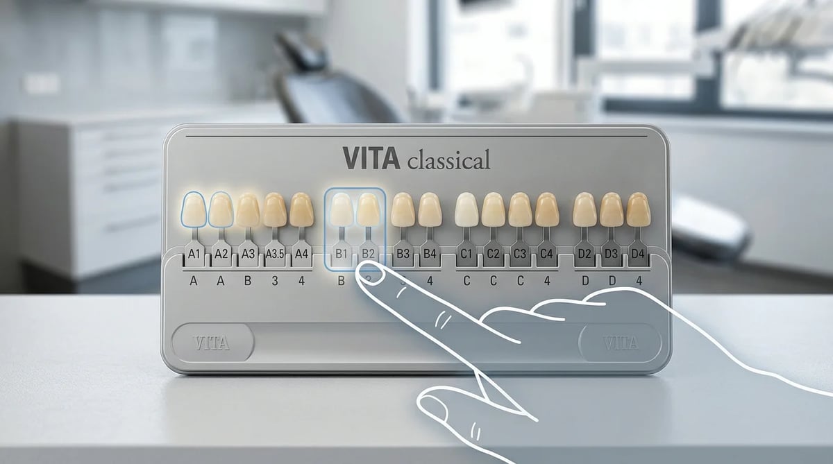 치아 색상 가이드(VITA Shade Guide)로 미백 후 현실적인 치아 밝기 목표를 나타내는 이미지